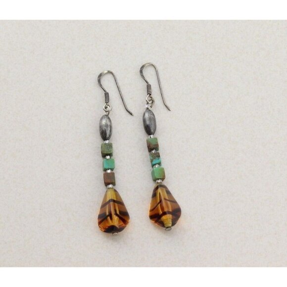 Sterling Silver Hematite, Turquoise and Amber Earrings Dangle Drop Earrings - Picture 1 of 7
